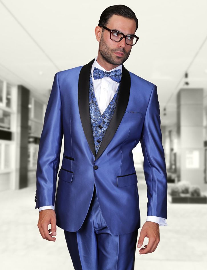 Statement Sharkskin Modern Fit Tuxedo Suit w/ Shawl Lapel Black, Blue ...