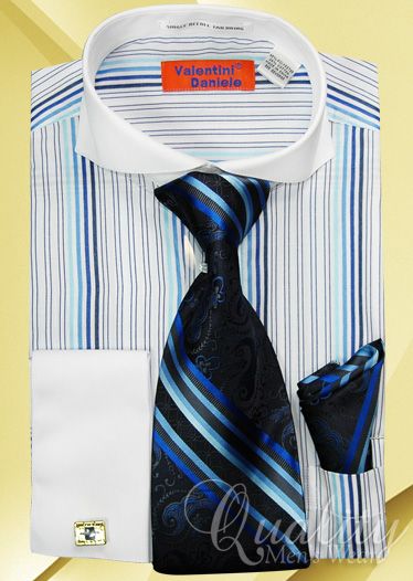 Blue Multi Stripe Dress Shirt Set Tie Cuff Links White Spread Collar