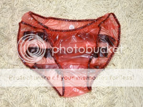 PVC Pants Knickers Bikini Briefs Vinyl Semi Clear Trans Red Frilly M 