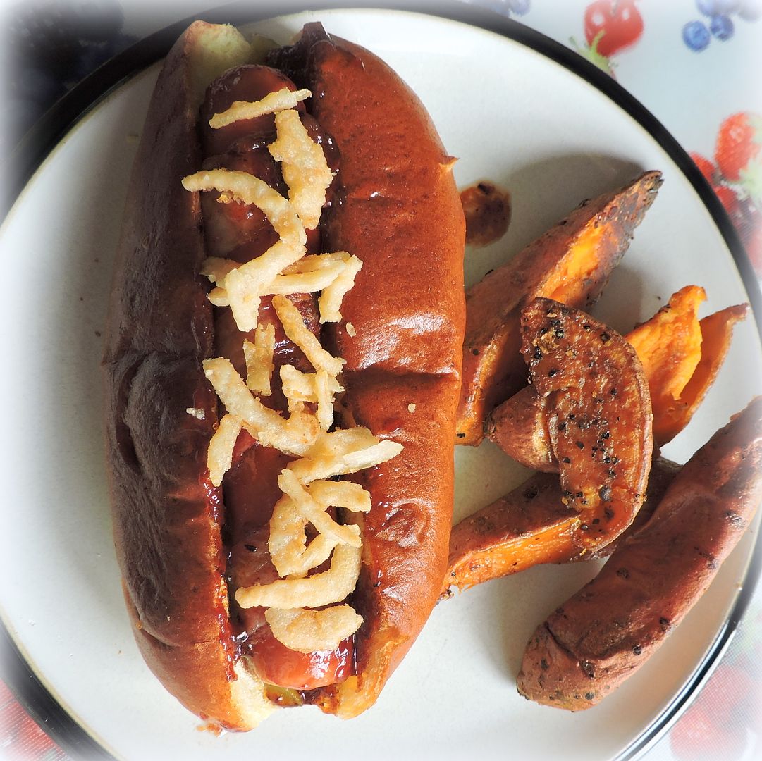BBQ Bacon Dogs with Onion Strings