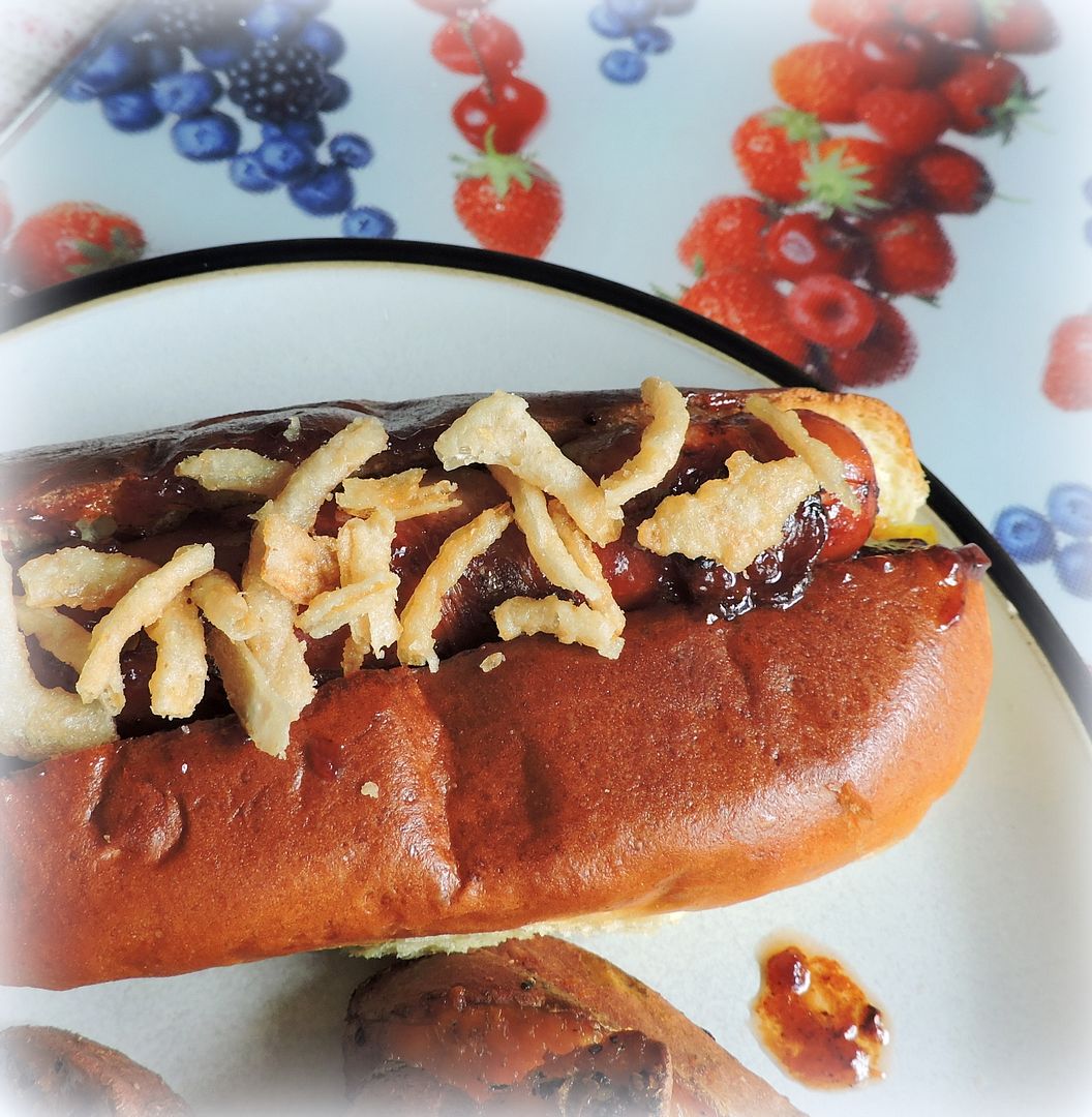 BBQ Bacon Dogs with Onion Strings