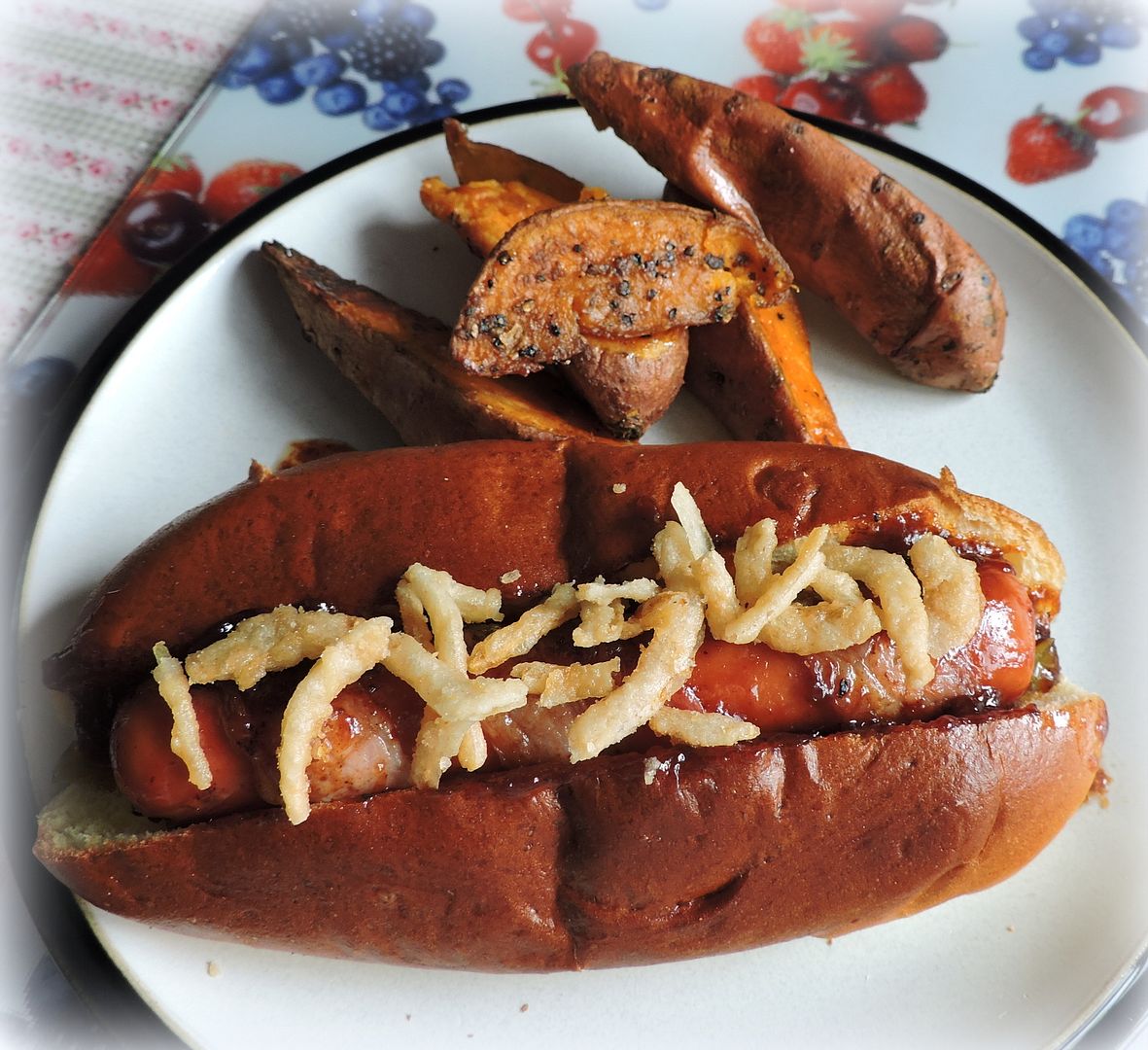 BBQ Bacon Dogs with Onion Strings