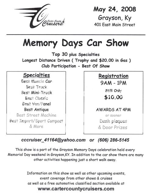 Memory days Car Show - May 24,2008 - Grayson,KY Flyer08-2