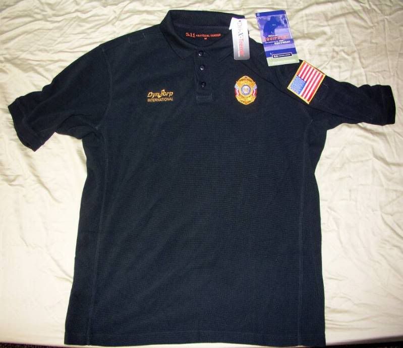 DYNCORP 5.11 Tactical Shirt Mens POLO   NAVY BLUE   POLICE   USA FLAG 