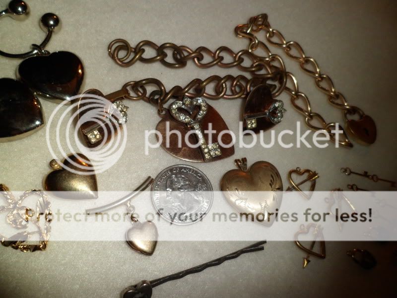 Lot Vtg Used Heart Locket Jewelry Plated Charm Bracelet Earrings Key 