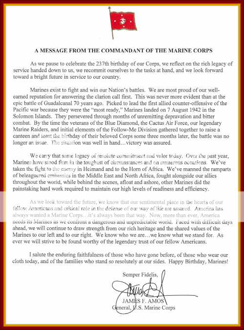 237th Marine Birthday Message
