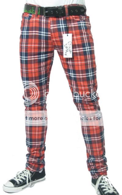 MENS RETRO SKINNY JEANS INDIE 80'S RED TARTAN PLAID NEW