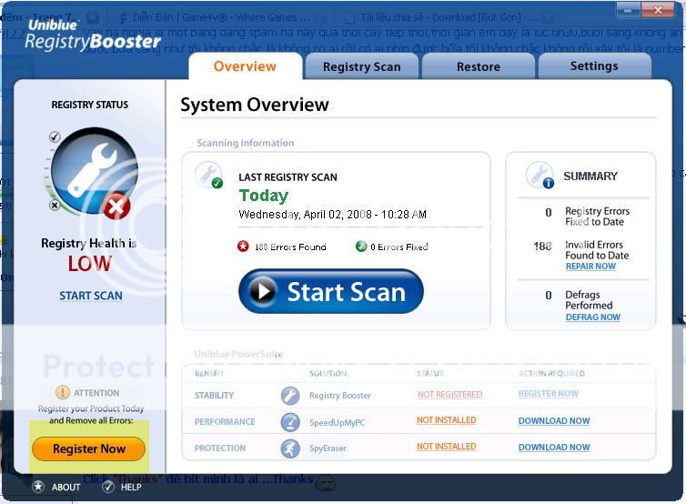 Giới thiệu & Hướng dẫn sử dụng phần mềm Uniblue PowerSuite (RegBooster, SpeedUpMyPC, SpyEraser) Dangkytruockhidung