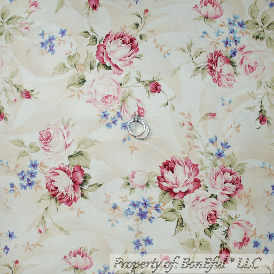 BonEful Fabric FQ Cotton Quilt Cream Pink Ribbon Rose Flower Cottage ...