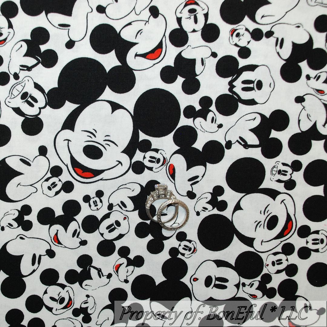 BonEful Fabric FQ White Black B&W Red DISNEY World Mickey Mouse Face ...