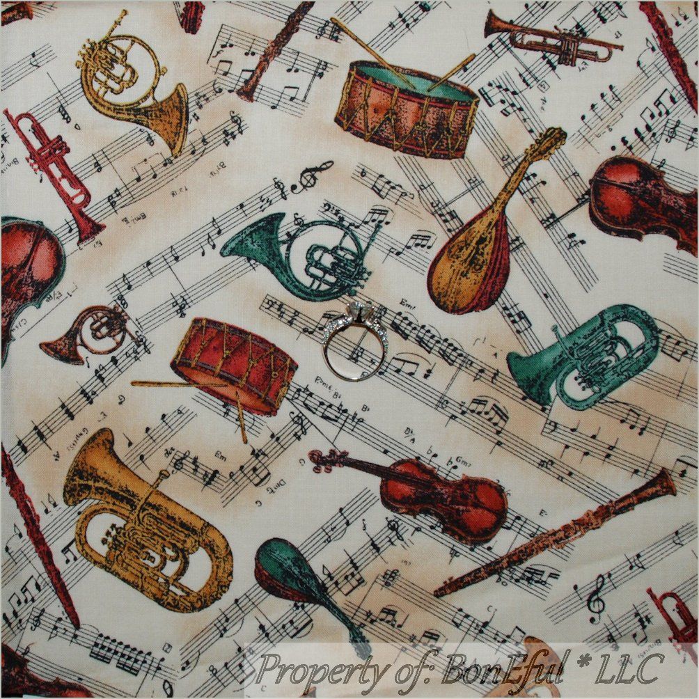 BonEful Fabric FQ Cotton Quilt Music Note Instrument Jazz Band Drum ...