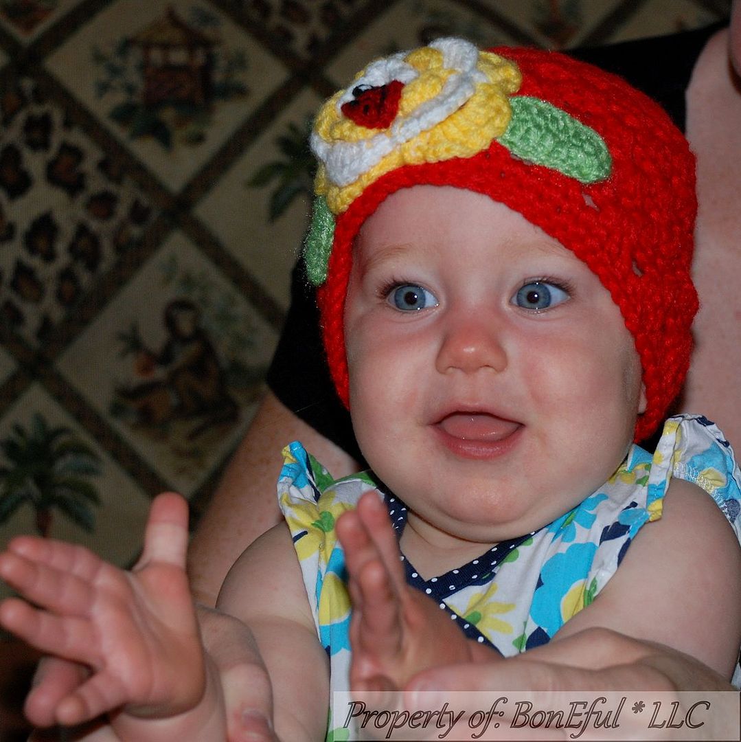 BonEful RTS New Boutique Girl Red Crochet Baby Hat Flower Ladybug China Adoption