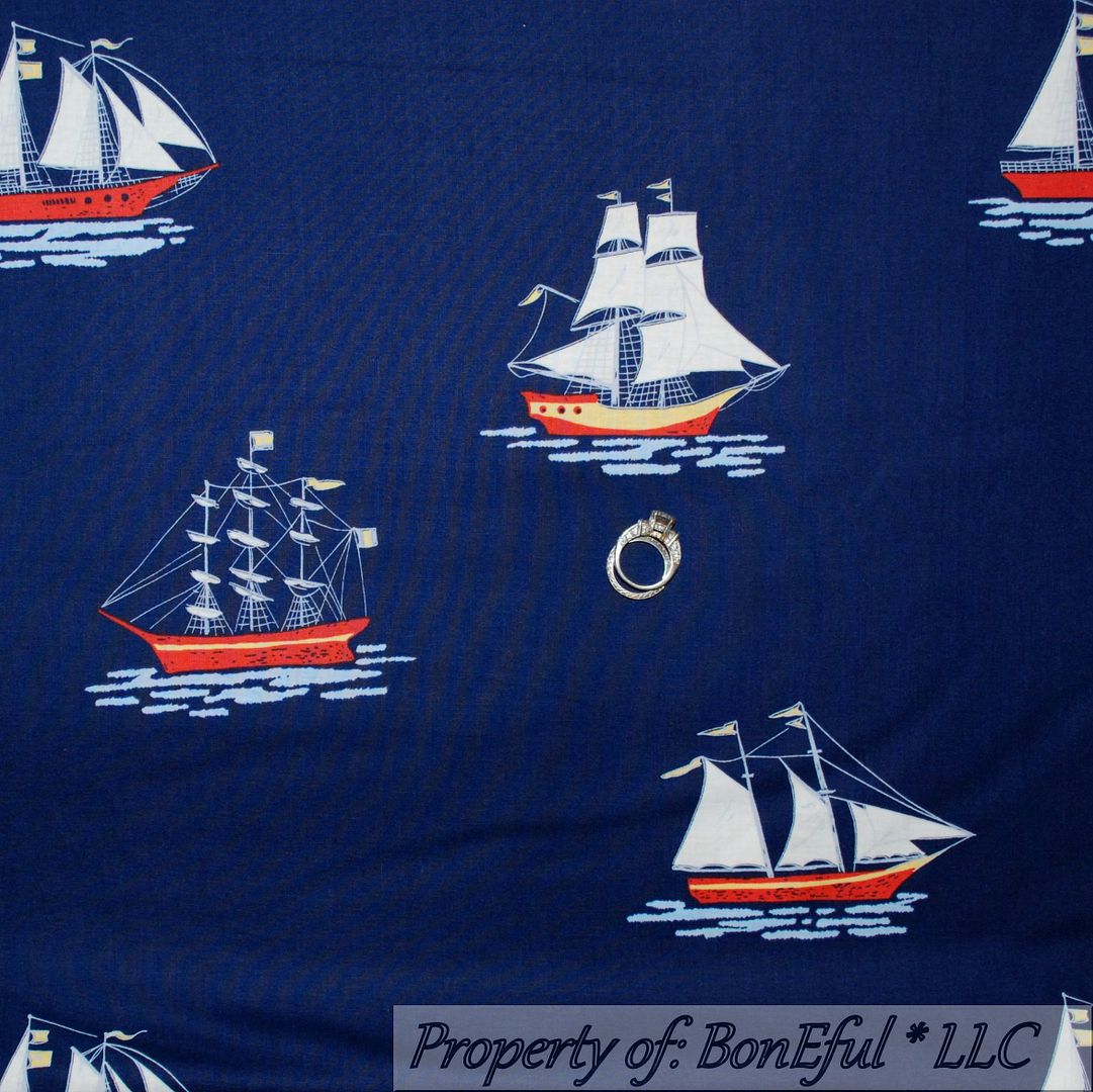 BonEful Fabric FQ Cotton Quilt White Blue Red Little Sm Sail Boat ...