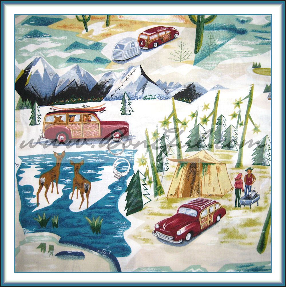   VTG Scene Camp Deer Antique Car Lake Cabin Forest Mountain OOP  