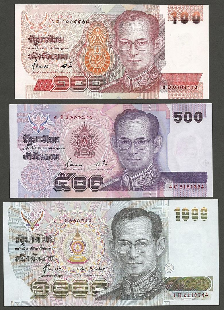 1992 THAILAND 100,500,1000 BAHT SERIES 14 P-92//97//103 KING RAMA IX BANKNOTE UNC