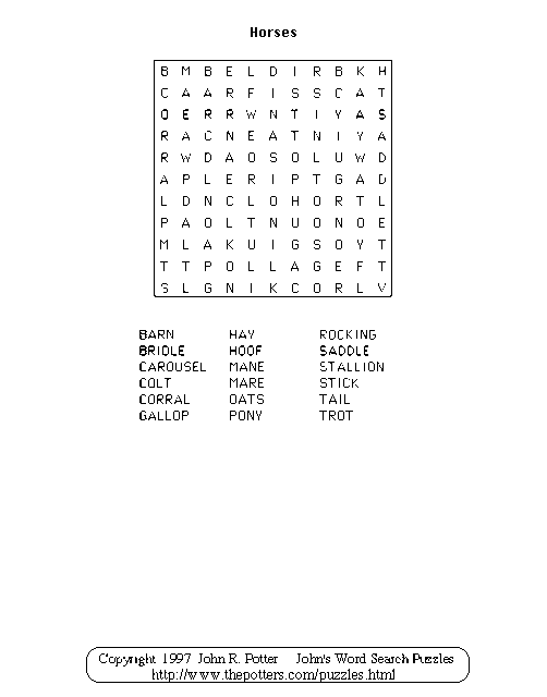 Horse Word Search Horses