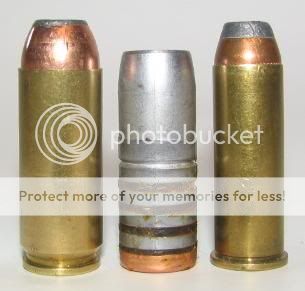 50 AE on the left, 700 grain .500 bullet in the middle, .44 mag on the righ...