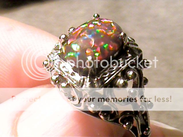 EDWARDIAN Silver RING BLACK OPAL FILIGREE VINTAGE RED FIRE DELICATE 