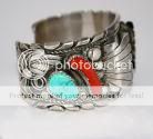 OLD PAWN Navajo Signed LEO THOMAS ♥ TURQUOISE CORAL Sterling Cuff 